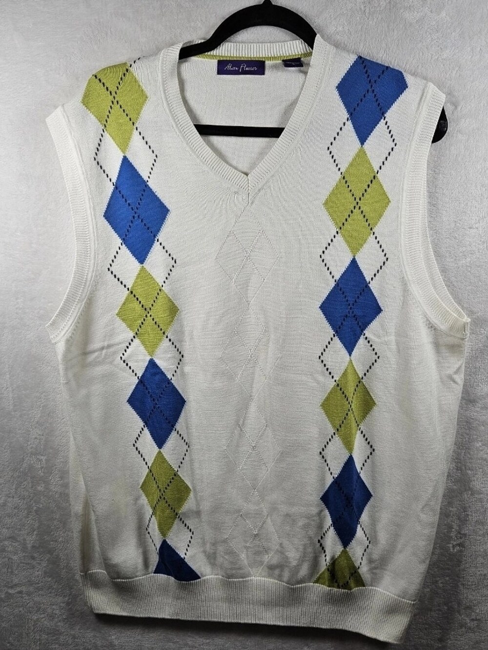 Alan Flusser Argyle V-Neck Sweater Vest White Blue Green Men's Size Large